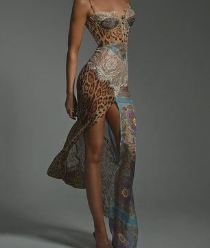 Maxi Jurk met Luipaardprint, Kant en Hoge Split - Elegante Avondjurk