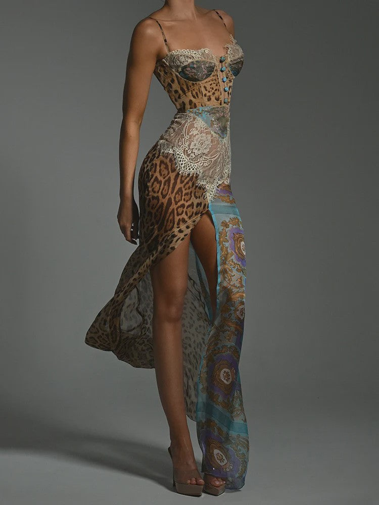 Maxi Jurk met Luipaardprint, Kant en Hoge Split - Elegante Avondjurk