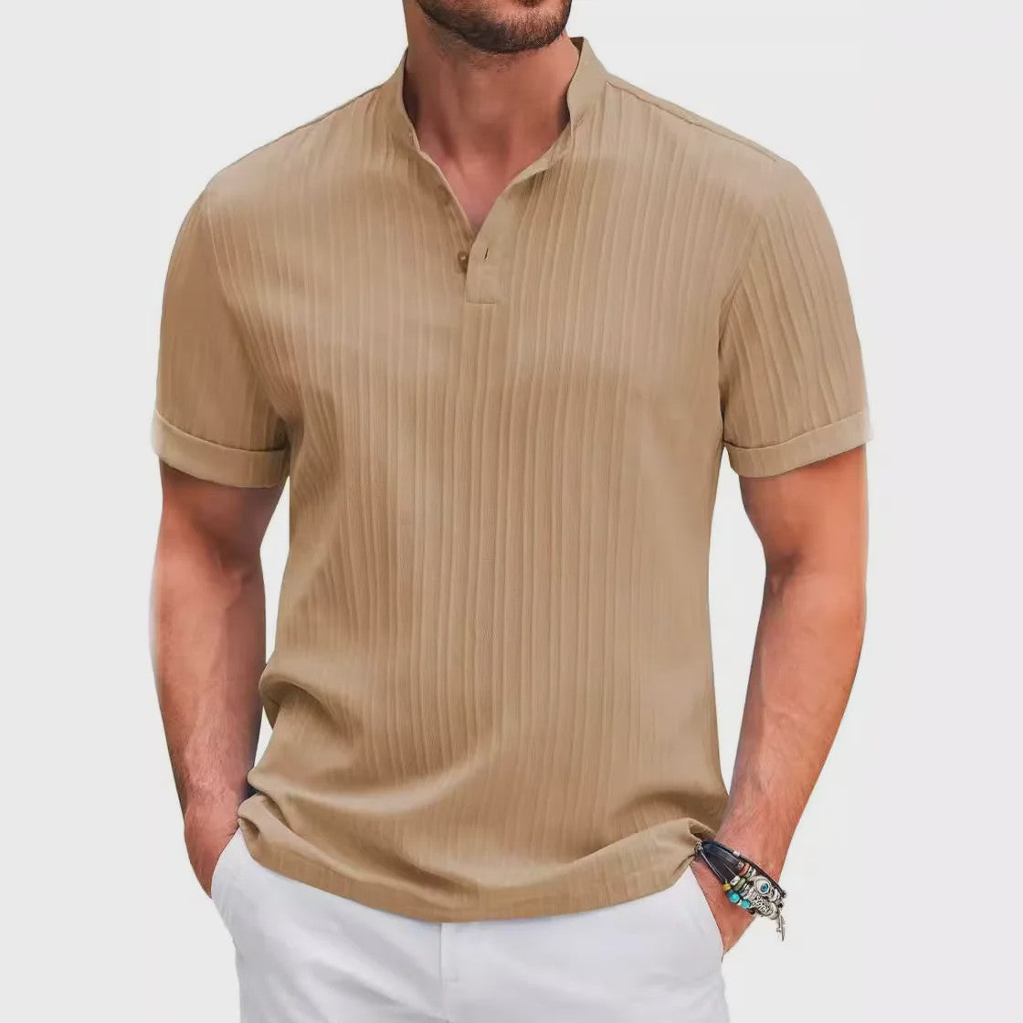 Herenshirt van Katoen en Linnen met Opstaande Kraag - Casual en Comfortabel