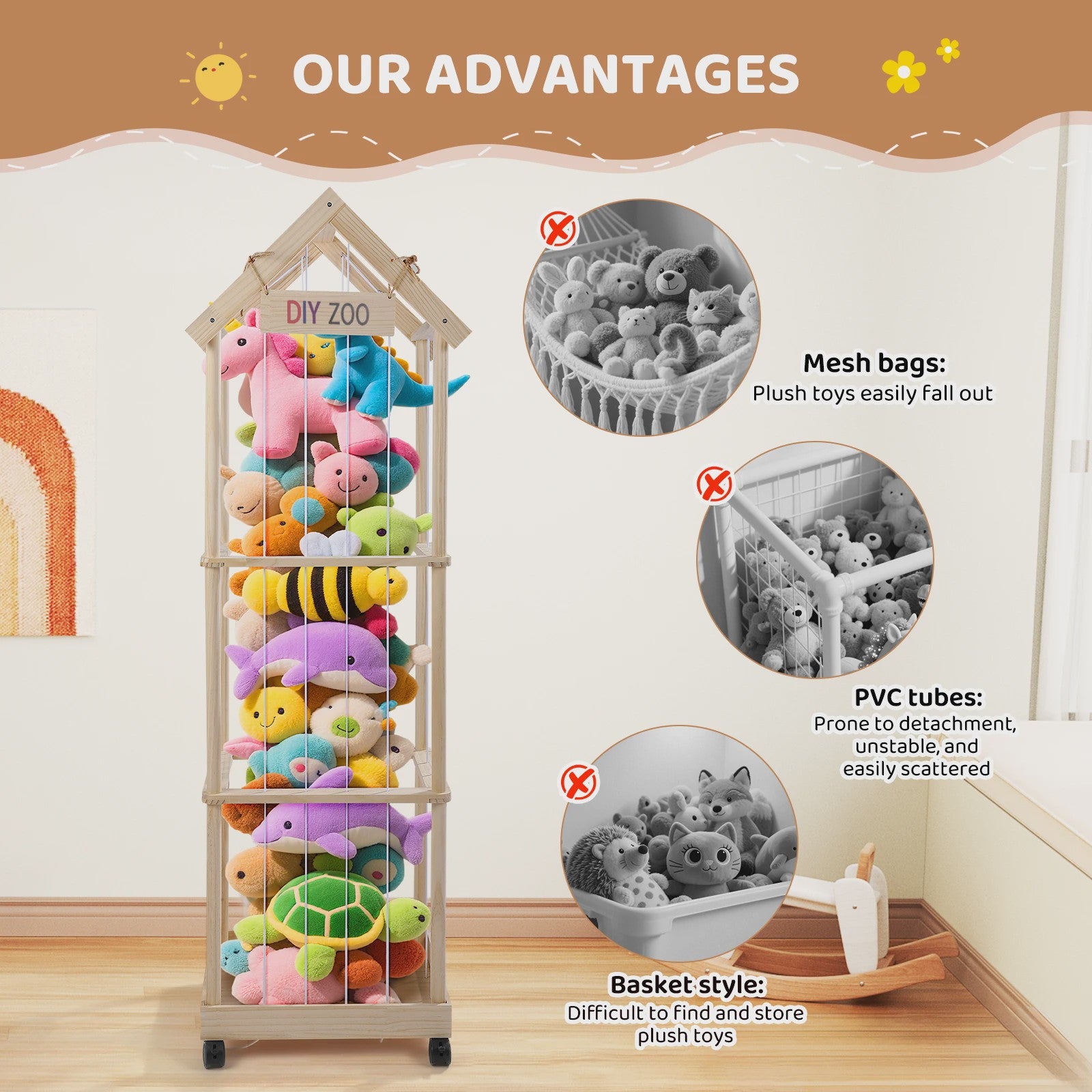 Wooden Cuddly Toy Storage, Stuffed Toy Storage with 360° Brake Equipped Wheels, 145 X 47 X 35 cm Plush Toy Storage for Playroom