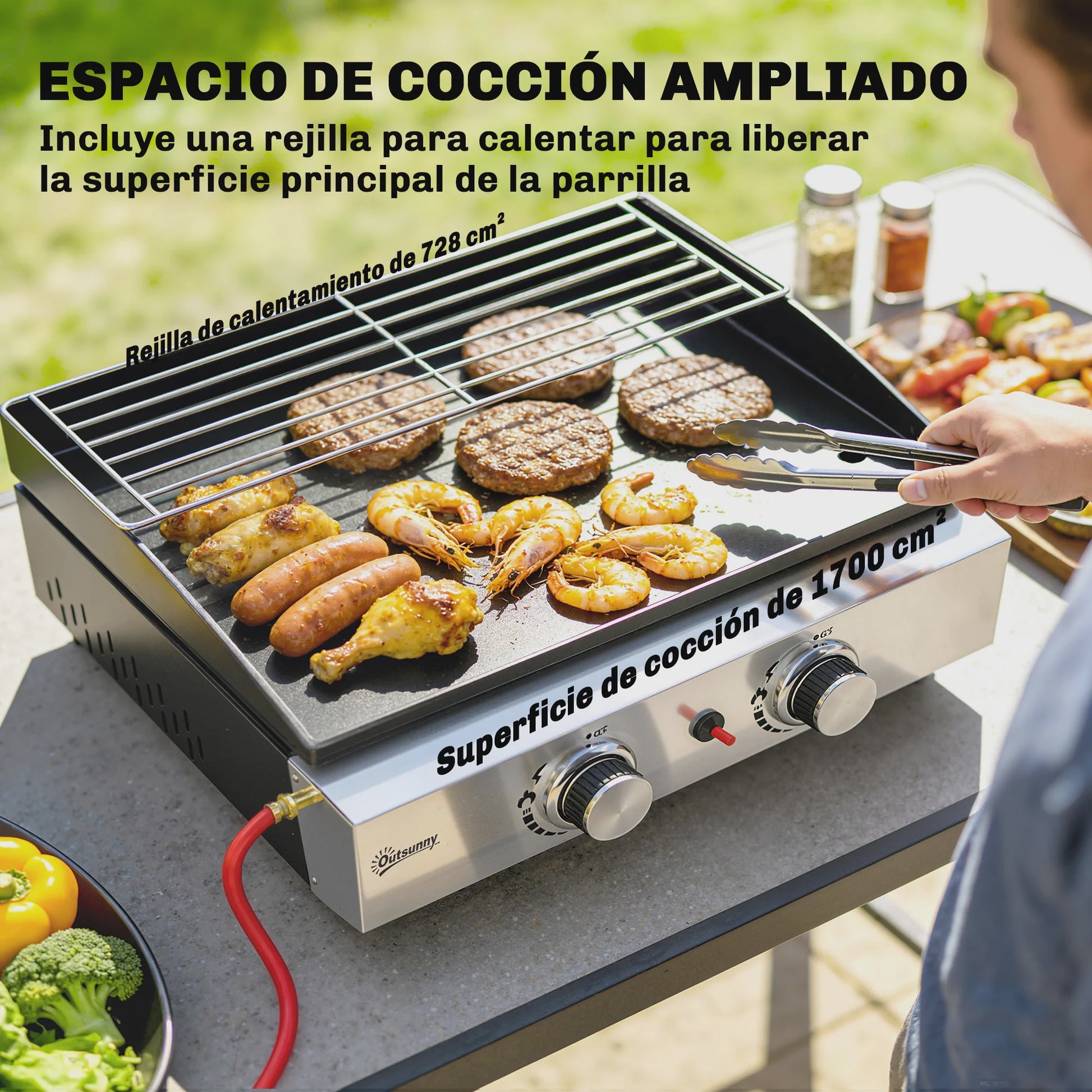 Outsunny Gas BBQ met 2 Branders, Grillplaat, Warmhoudrek en Vetopvangbak - Draagbaar