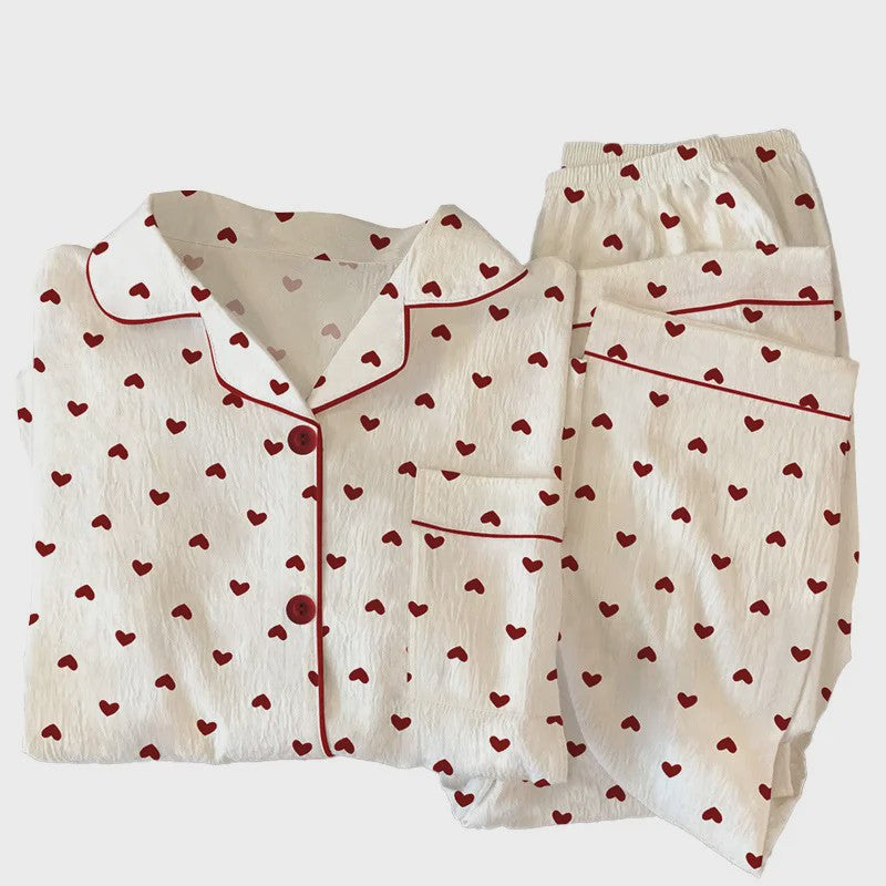 Dames Pyjama Set met Hartjesprint - Comfortabele Loungewear voor Lente & Herfst