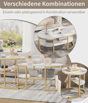 Set van 2 Moderne Salontafels met Marmerlook Blad en Stalen Onderstel