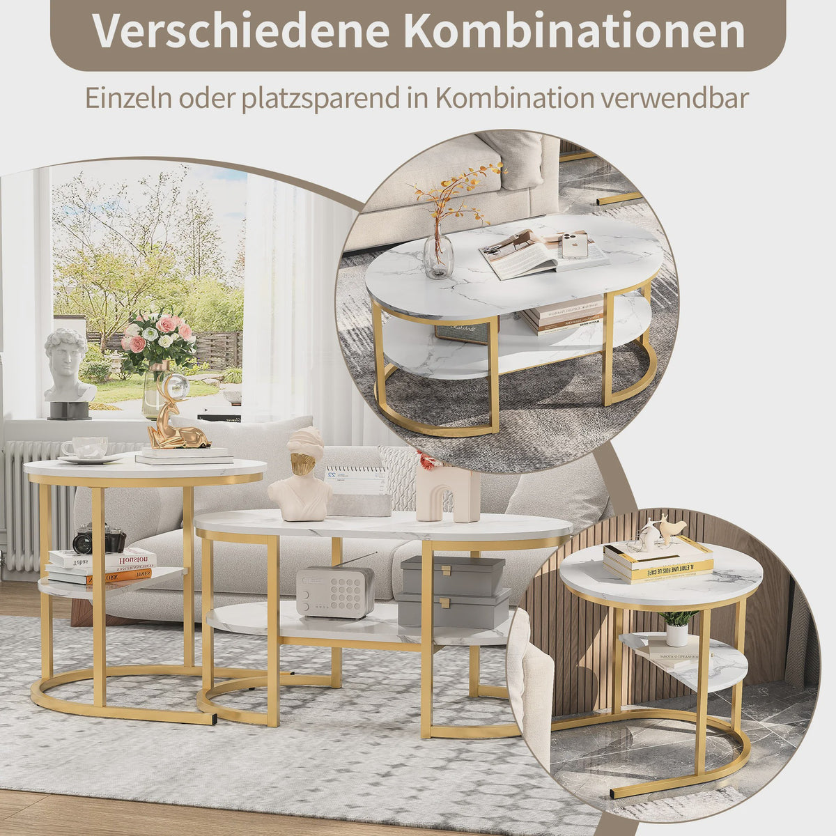 Set van 2 Moderne Salontafels met Marmerlook Blad en Stalen Onderstel