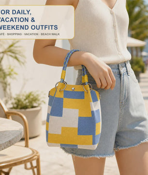 Mini Gebreide Bucket Bag Dames - Kleurrijk Colorblock Polstasje met Afneembare Handgreep