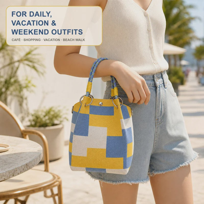 Mini Gebreide Bucket Bag Dames - Kleurrijk Colorblock Polstasje met Afneembare Handgreep