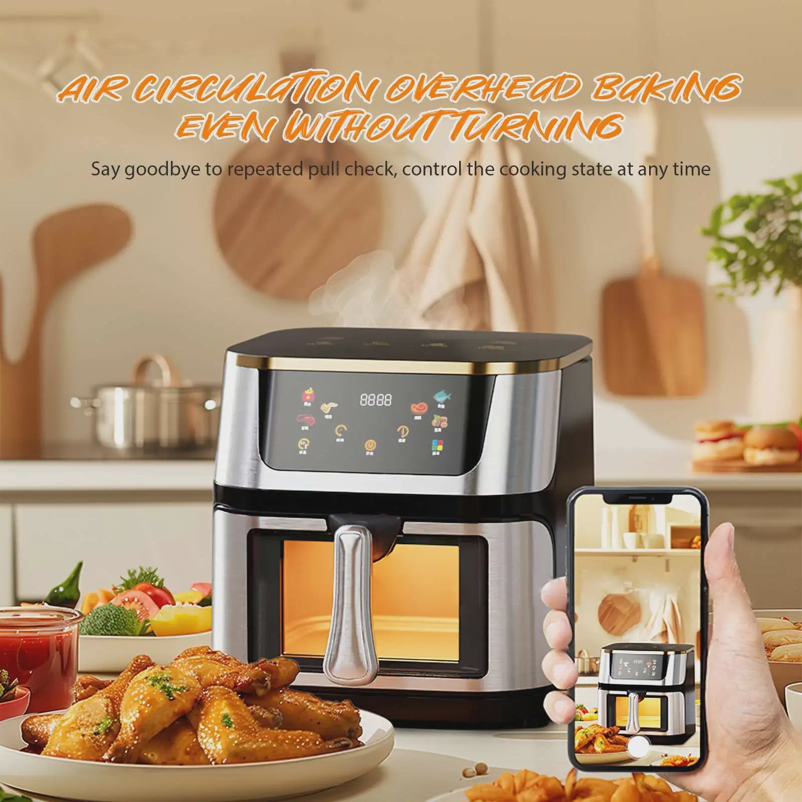 Krachtige Airfryer Oven 8L met 2800W, LED Touchscreen en Groot Visueel Venster