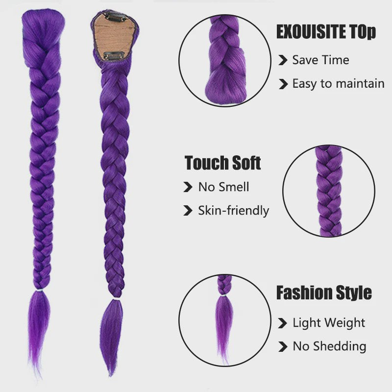 Paarse Vlecht Haarstuk met Clips - 26 Inch Synthetisch Verlengstuk voor Kinderen