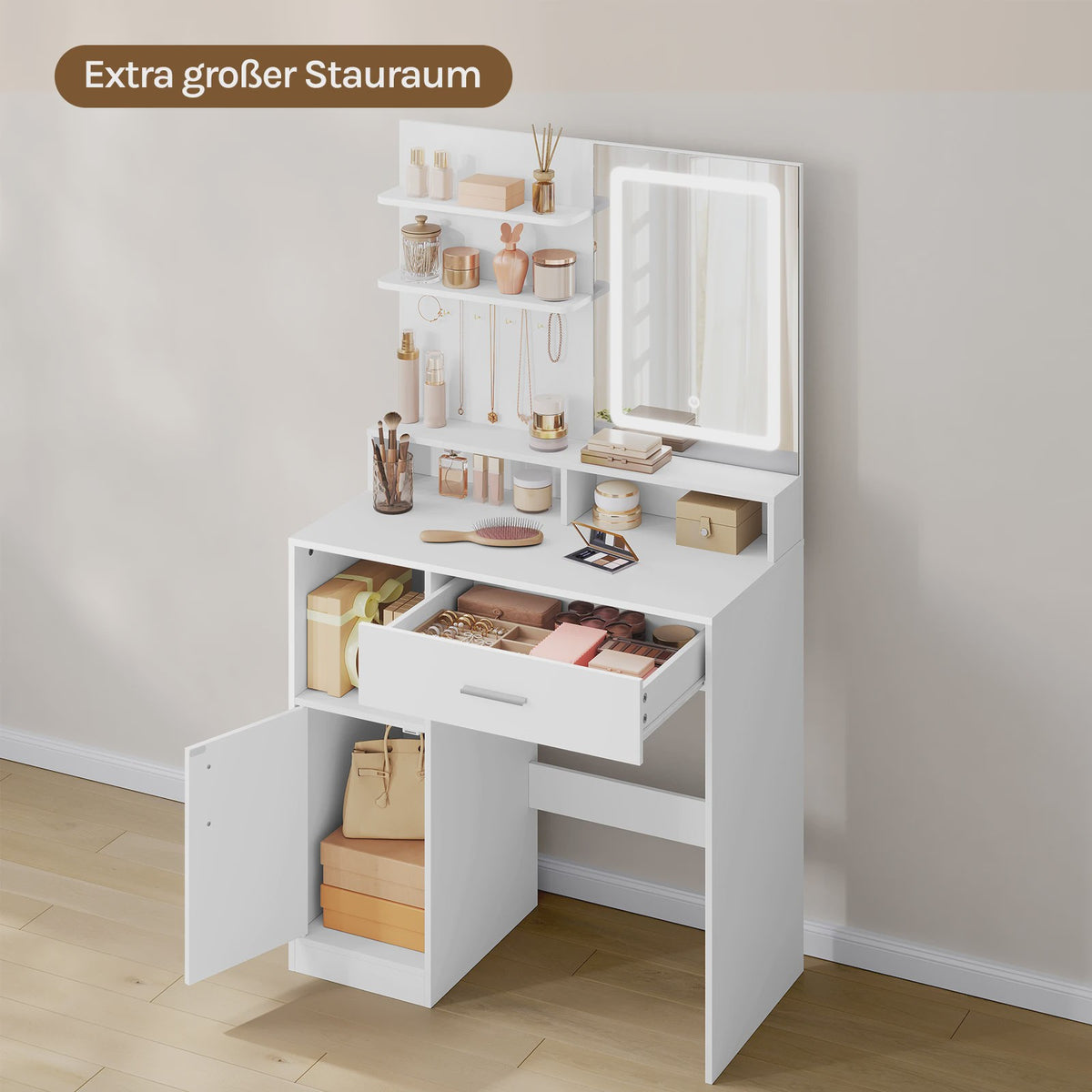 Kaptafel met Verstelbare LED Verlichting en Spiegel - Wit