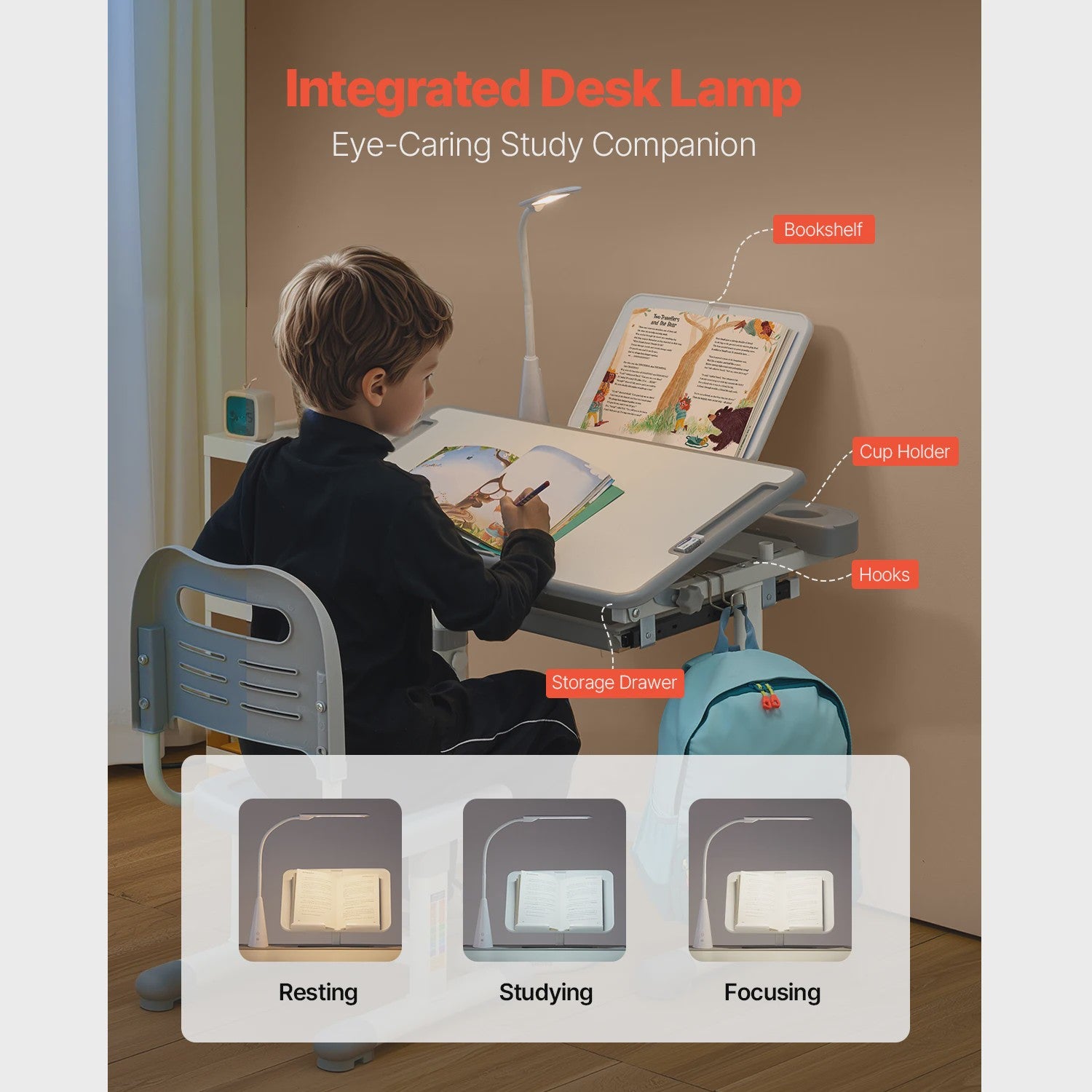 Verstelbare Kinder Studietafel en Stoel Set met Bureaulamp - Ideaal voor Studie & Slaapkamer