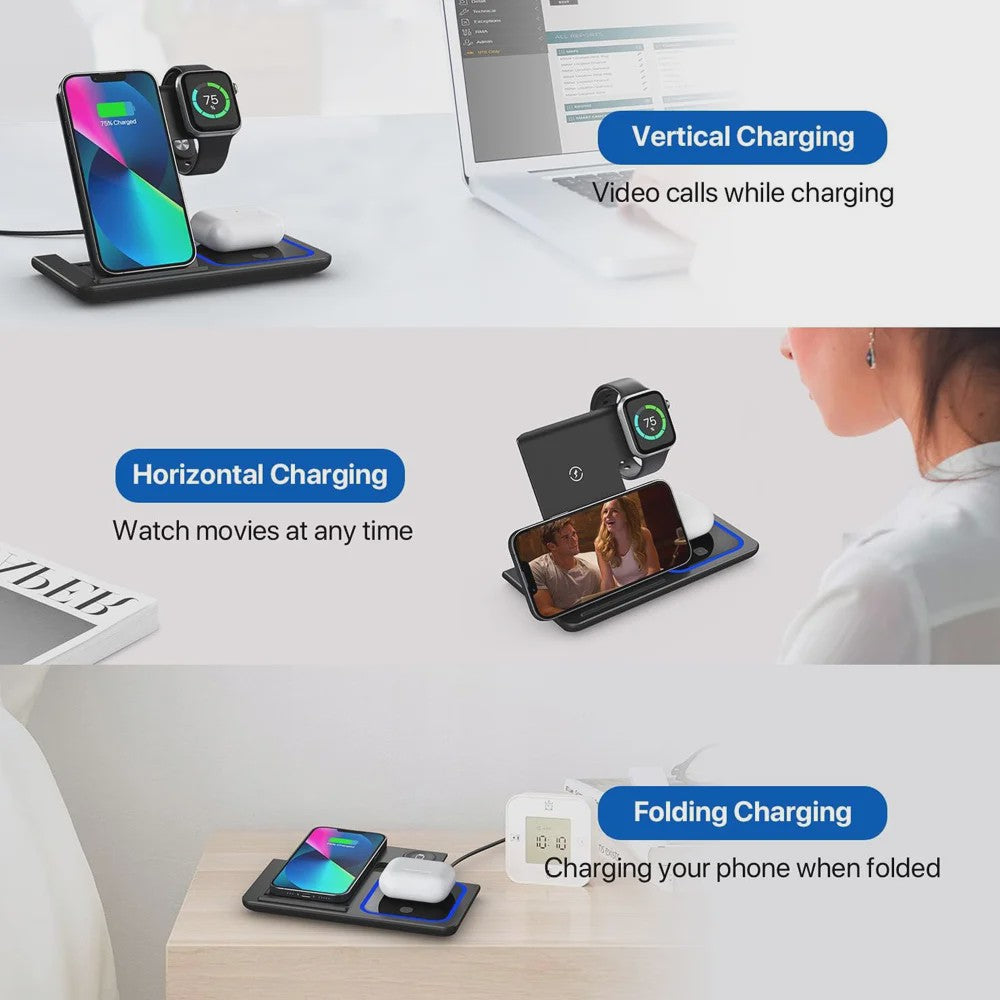 3-in-1 Opvouwbaar Draadloos Laadstation voor iPhone, Apple Watch & AirPods Pro - Snel Opladen