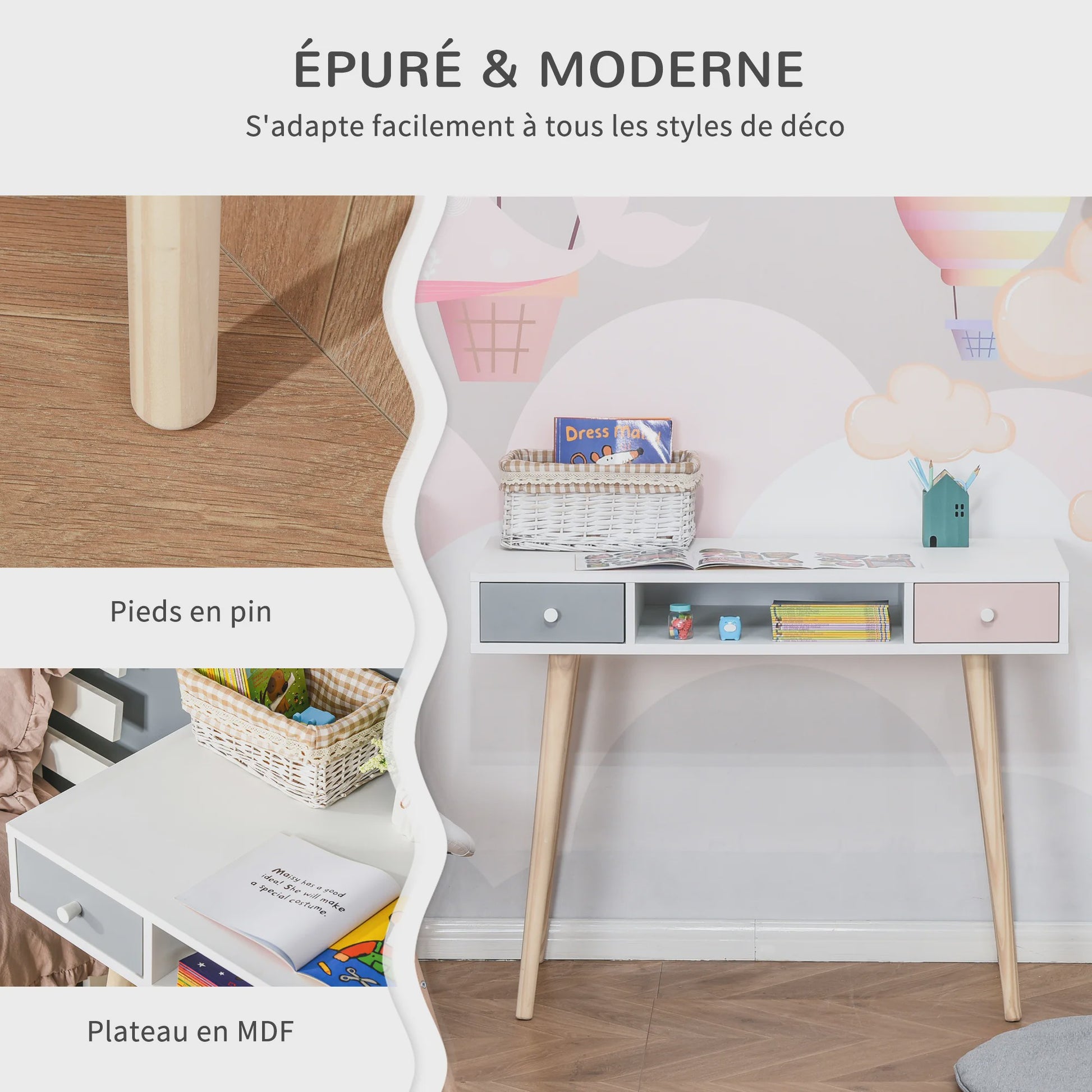 Scandinavisch Kinderbureau met Lade en Opbergvak - Wit/Grijs/Roze - 100x48x76.5 cm