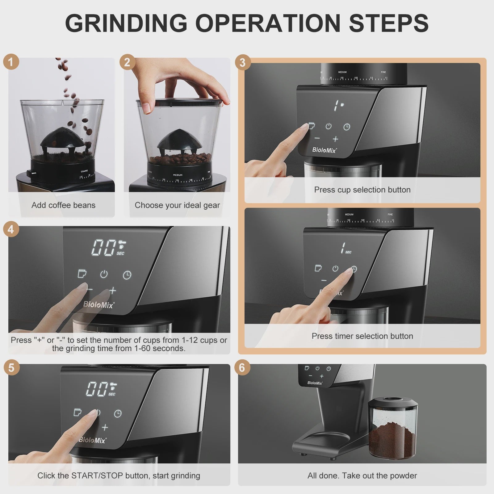 BioloMix Elektrische Koffiemolen CG210 - 30 Precisie Maalstanden voor Espresso, Americano & Pour Over