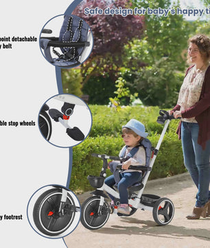 6-in-1 Opvouwbare Kinderdriewieler met Verstelbare Duwstang, Veiligheidsharnas en Zonnekap