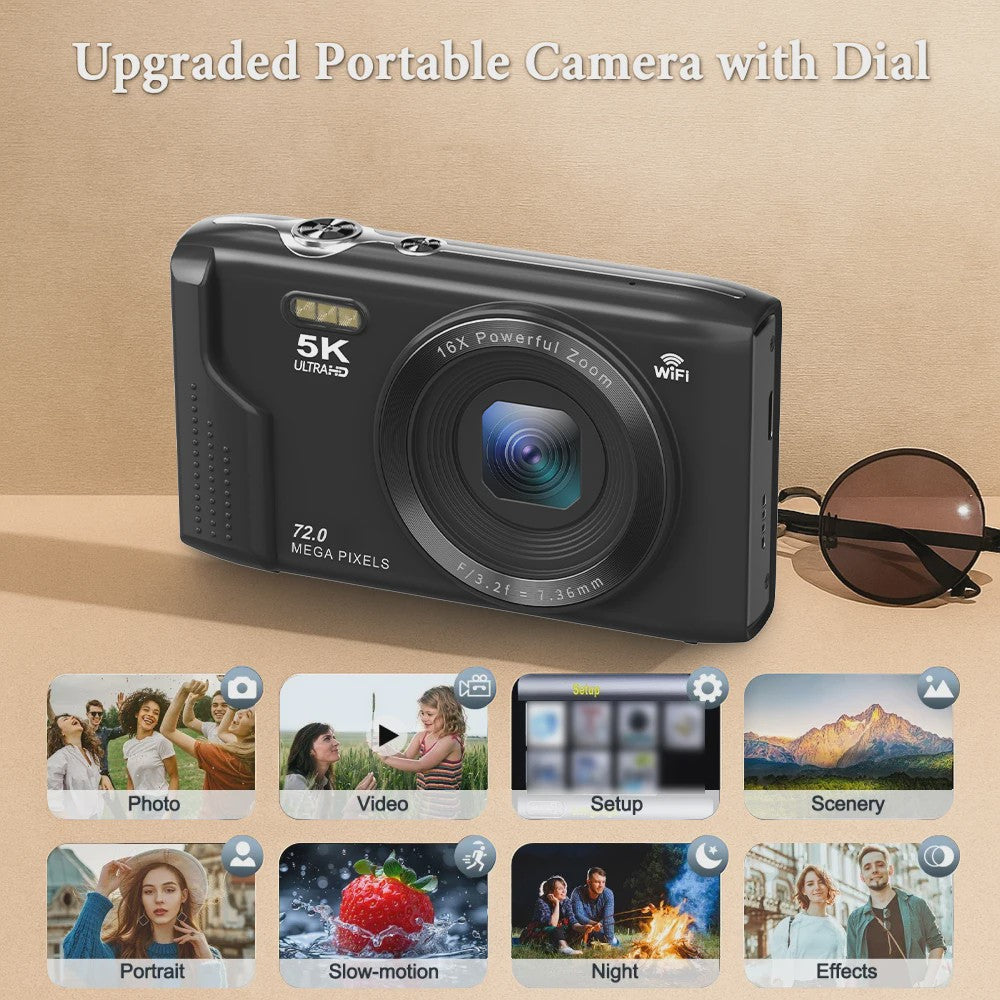 Ourlife Compacte Digitale Camera 5K 72MP met 16x Zoom - Ideaal voor Vlogs en YouTube