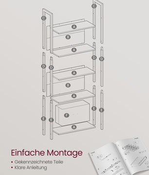 VASAGLE Industriële Boekenkast met Lade - 5 Lagen, Ladder Design, Staal Frame