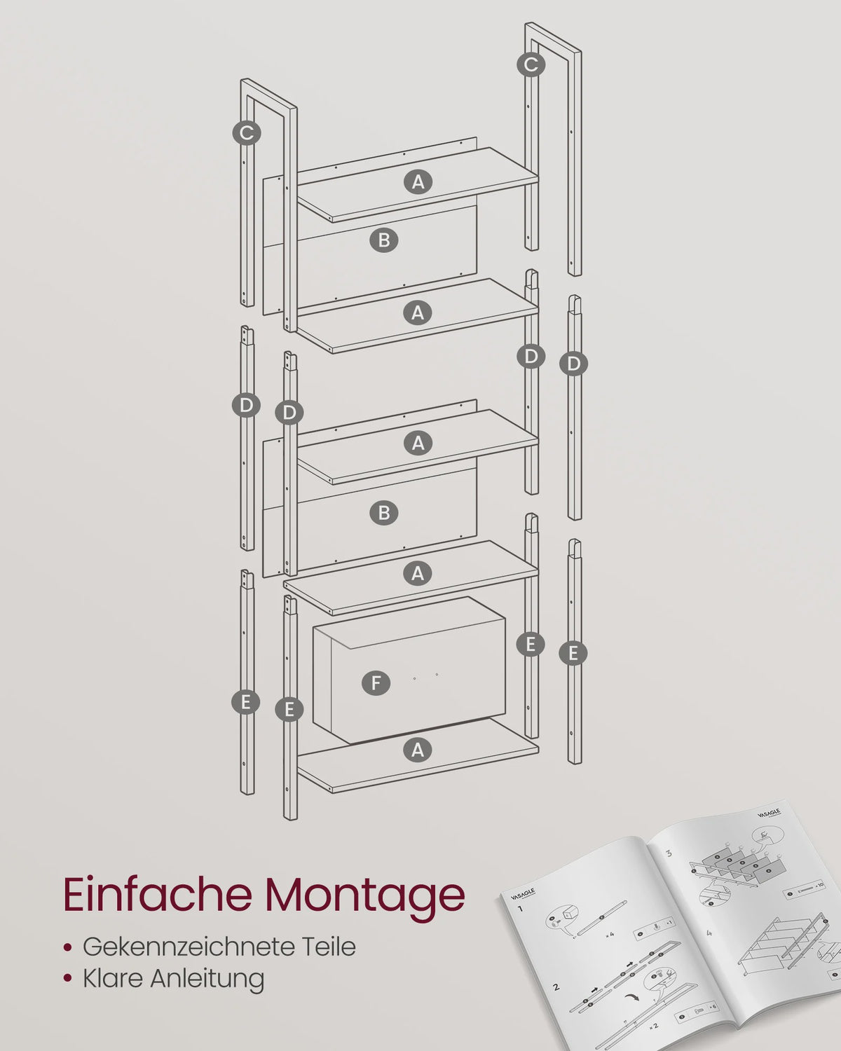 VASAGLE Industriële Boekenkast met Lade - 5 Lagen, Ladder Design, Staal Frame