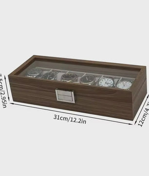 Luxe Houten Horlogedoos met Glazen Deksel - 6 Vakken - Walnoot Patroon