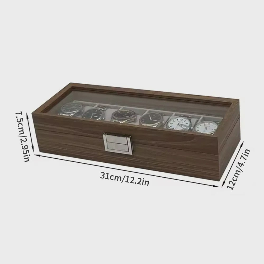 Luxe Houten Horlogedoos met Glazen Deksel - 6 Vakken - Walnoot Patroon