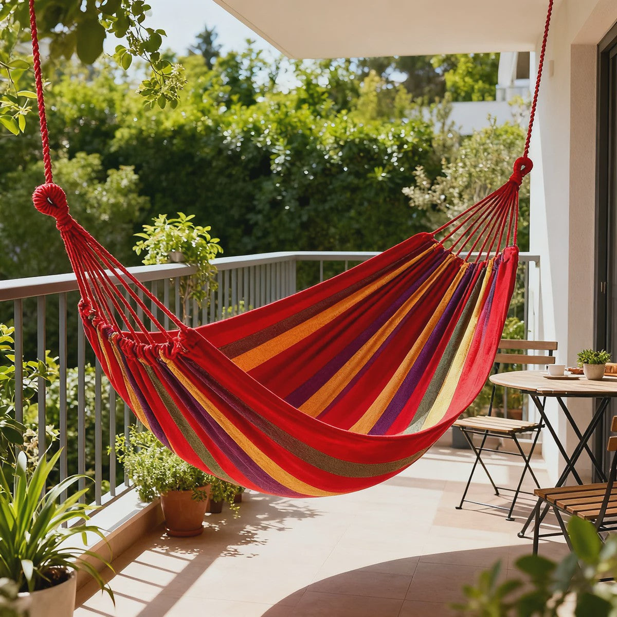 Dubbele Hangmat van Canvas Katoen voor 2 Personen met Ophangbanden - Rood/Blauw Gestreept