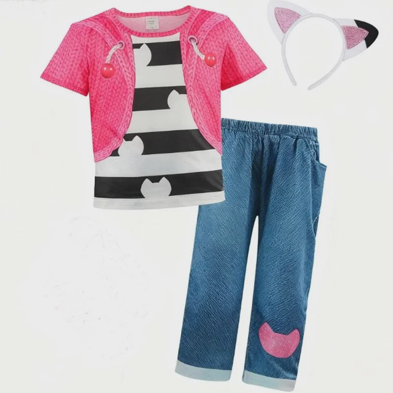 Meisjes Kleding Set: Zwart-Wit Katten T-shirt & Regenboog Tutu Rok met Accessoires