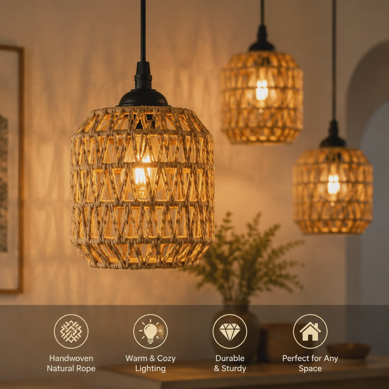Hanglamp Gevlochten Hennep Touw met E27 Fitting - 1.2m Verstelbaar - Sfeervolle Decoratie