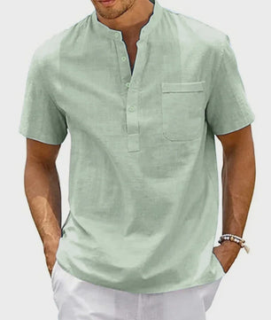 Herenshirt met Hennekhals en Borstzak - Korte Mouw, Katoen Linnen Mix - Casual & Vintage Stijl