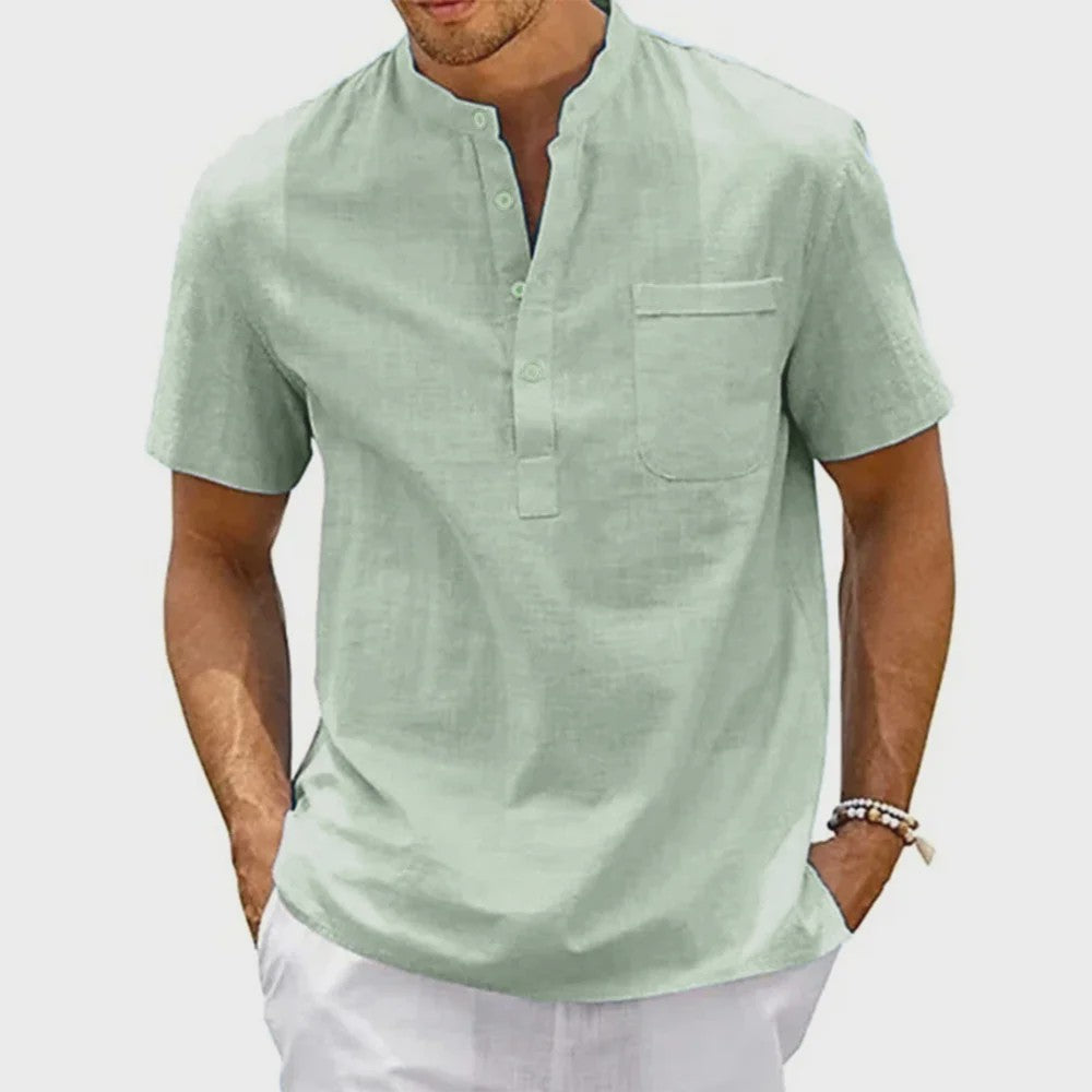 Herenshirt met Hennekhals en Borstzak - Korte Mouw, Katoen Linnen Mix - Casual & Vintage Stijl