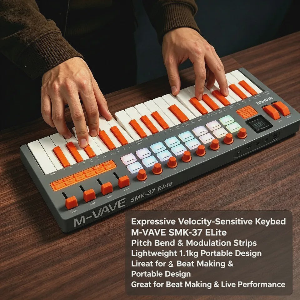 M-VAVE SMK-37 MIDI Keyboard Controller: 37 Velocity Keys, 16 RGB Pads, Bluetooth