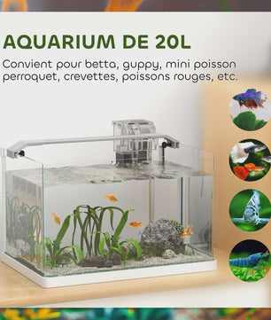 PawHut Glazen Aquarium met LED Verlichting, Filterpomp en 20L Inhoud - 38x26x27 cm Wit