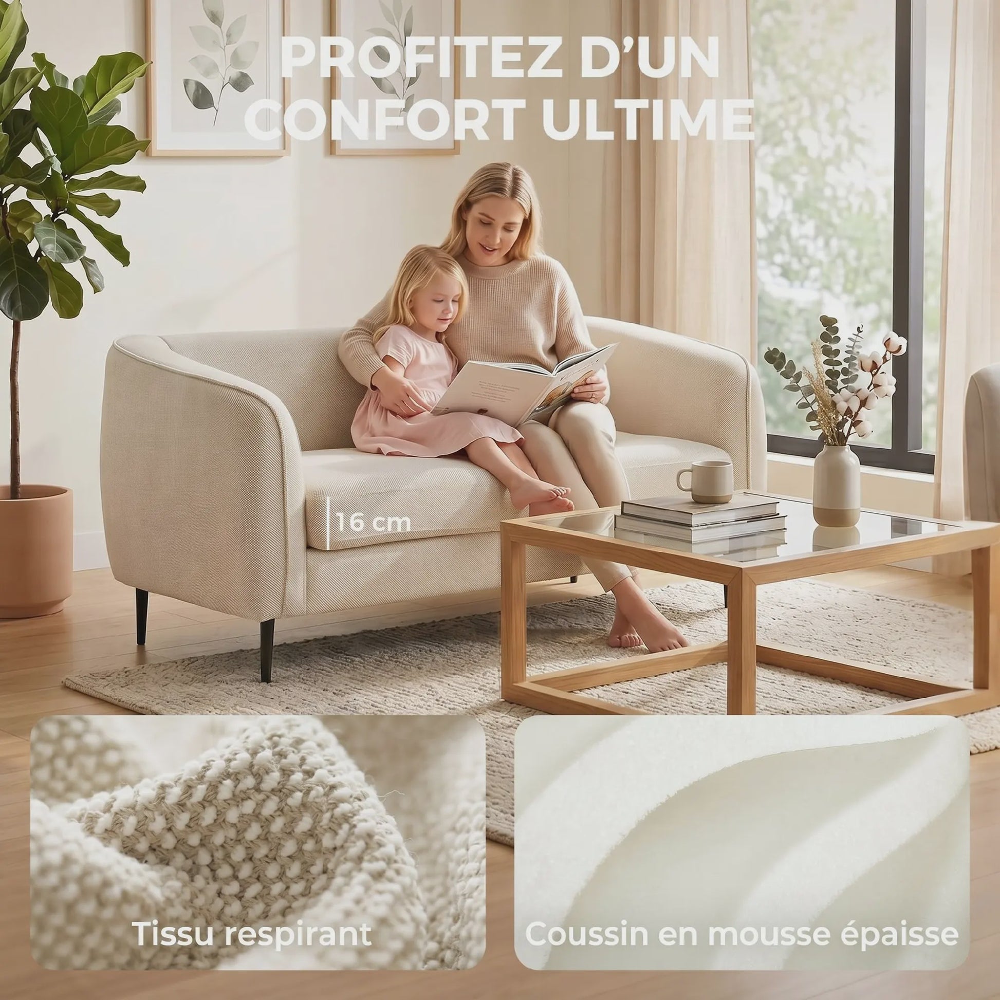 HOMCOM Sofa Velours Beige - Comfortabele 2-zits bank met verende kussens