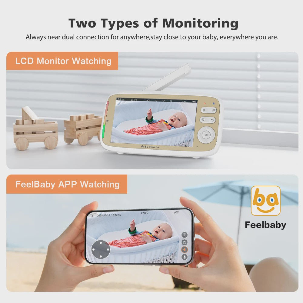 Draadloze Babyfoon met 5" LCD Scherm, App & 3x Zoom - Pan/Tilt & Tweeweg Audio