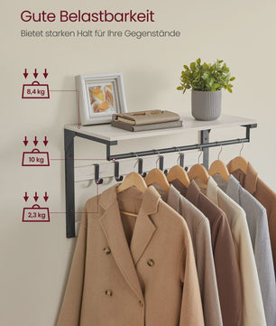 Wandkapstok met Plank en 10 Verplaatsbare Haken - Wandmontage