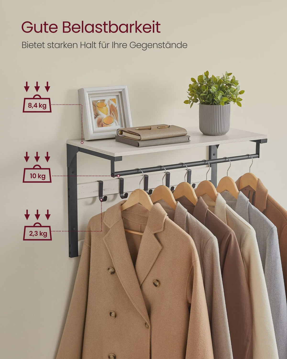 Wandkapstok met Plank en 10 Verplaatsbare Haken - Wandmontage