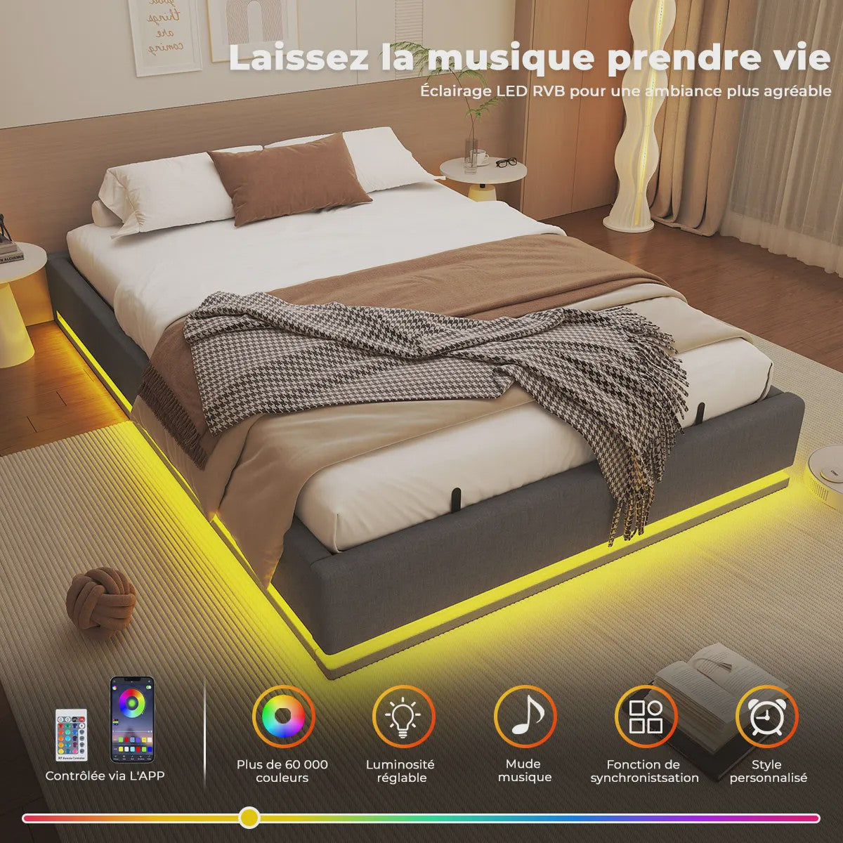 160x200cm Boxspring Bed met Hydraulische Opbergruimte en RGB LED Verlichting