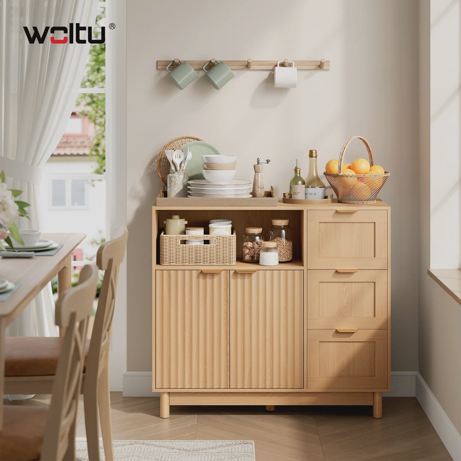 Houten Keukenkast met 3 Lades & Verstelbare Plank - Buffetkast / Sideboard 90x80x35cm