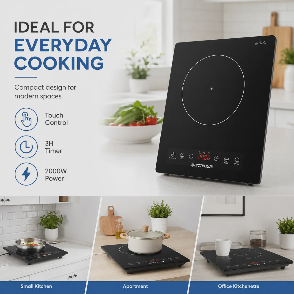 Draagbare Inductie Kookplaat 2000W met Touch Control en Timer
