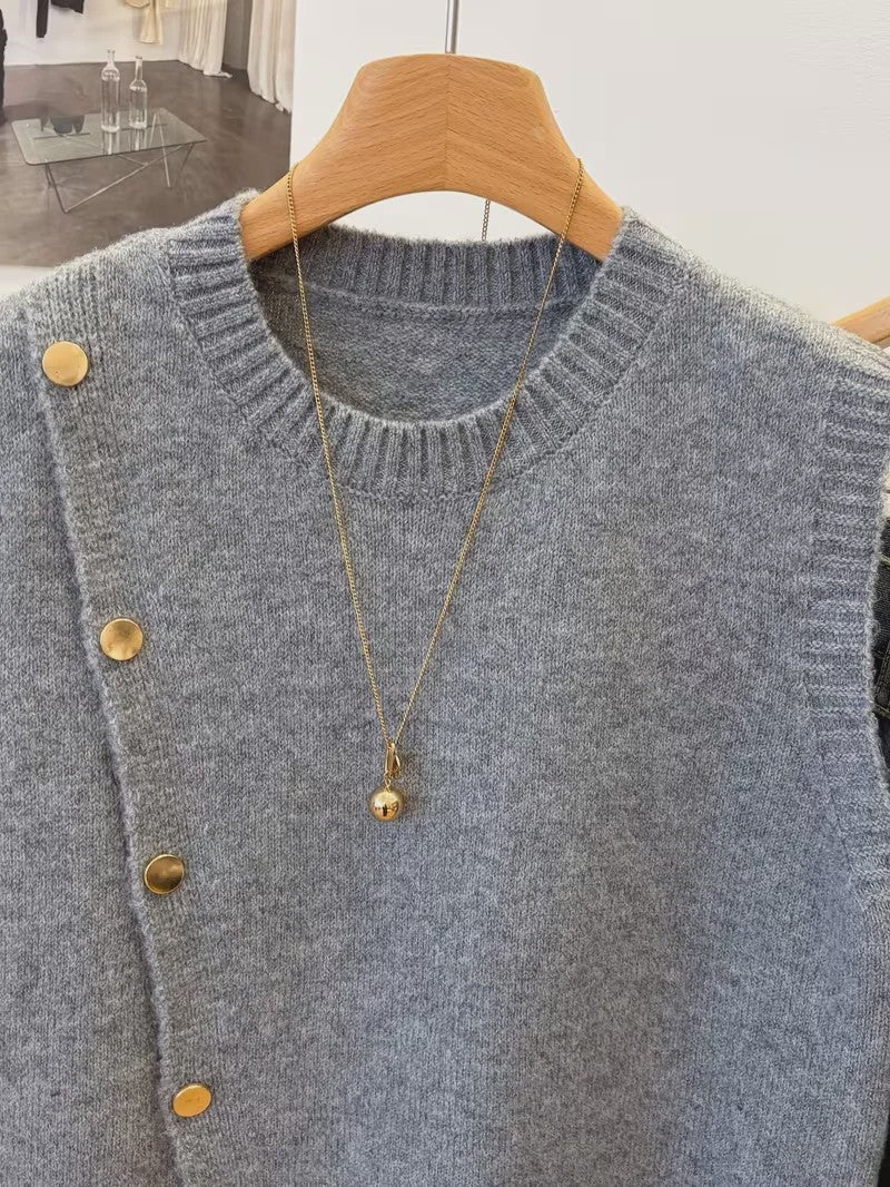 Gebreide Vest Trui Dames - Effen Kleur, Casual & Veelzijdig, Kort Model met Knopen