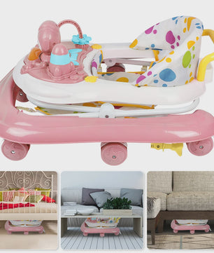 3-in-1 Opvouwbare Baby Walker met Zonnekap, Speelblad en 360° Wielen - Vanaf 6 Maanden
