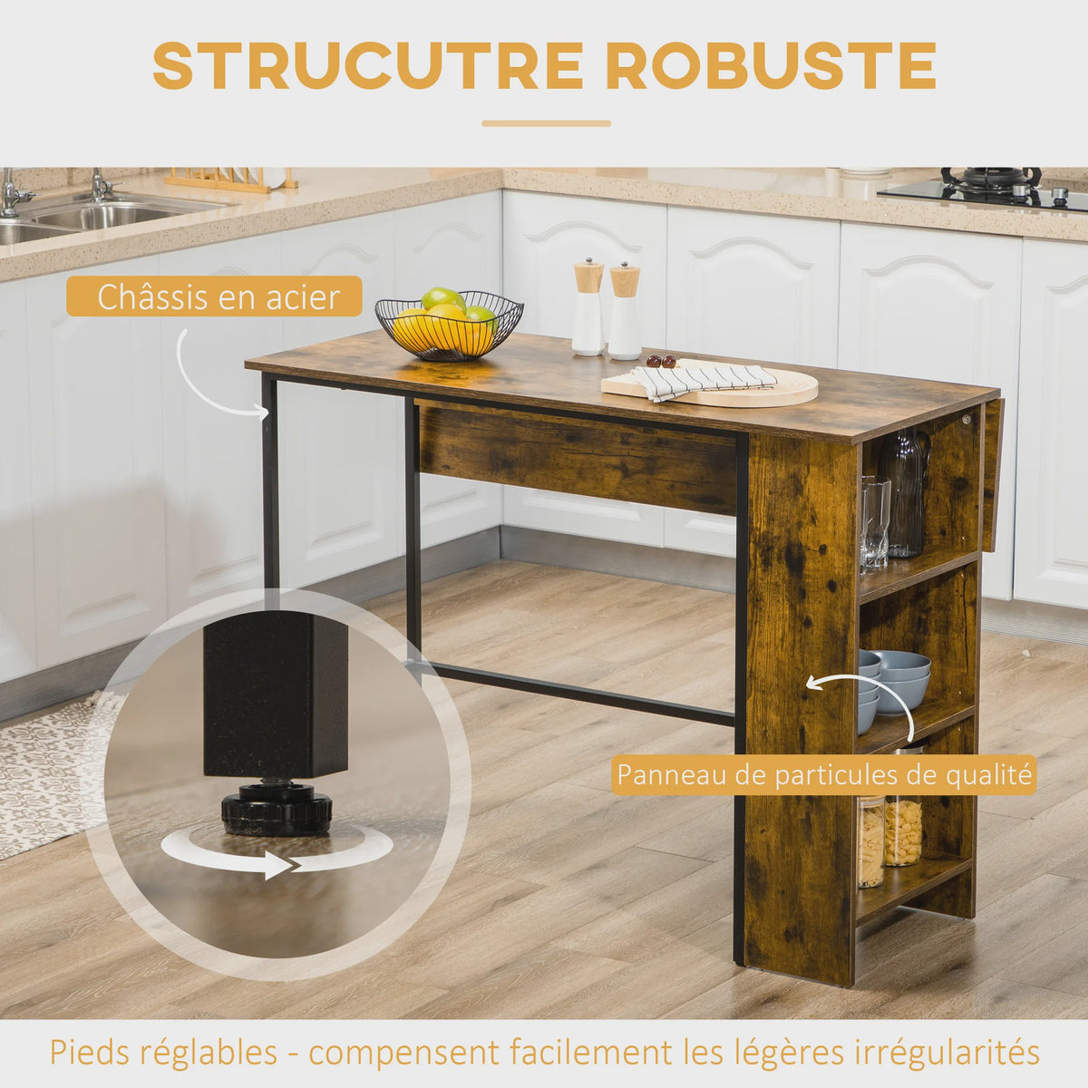 Bartafel met uitklapbaar blad en 3 open vakken - Rustiek bruin - 120x76x91.4 cm