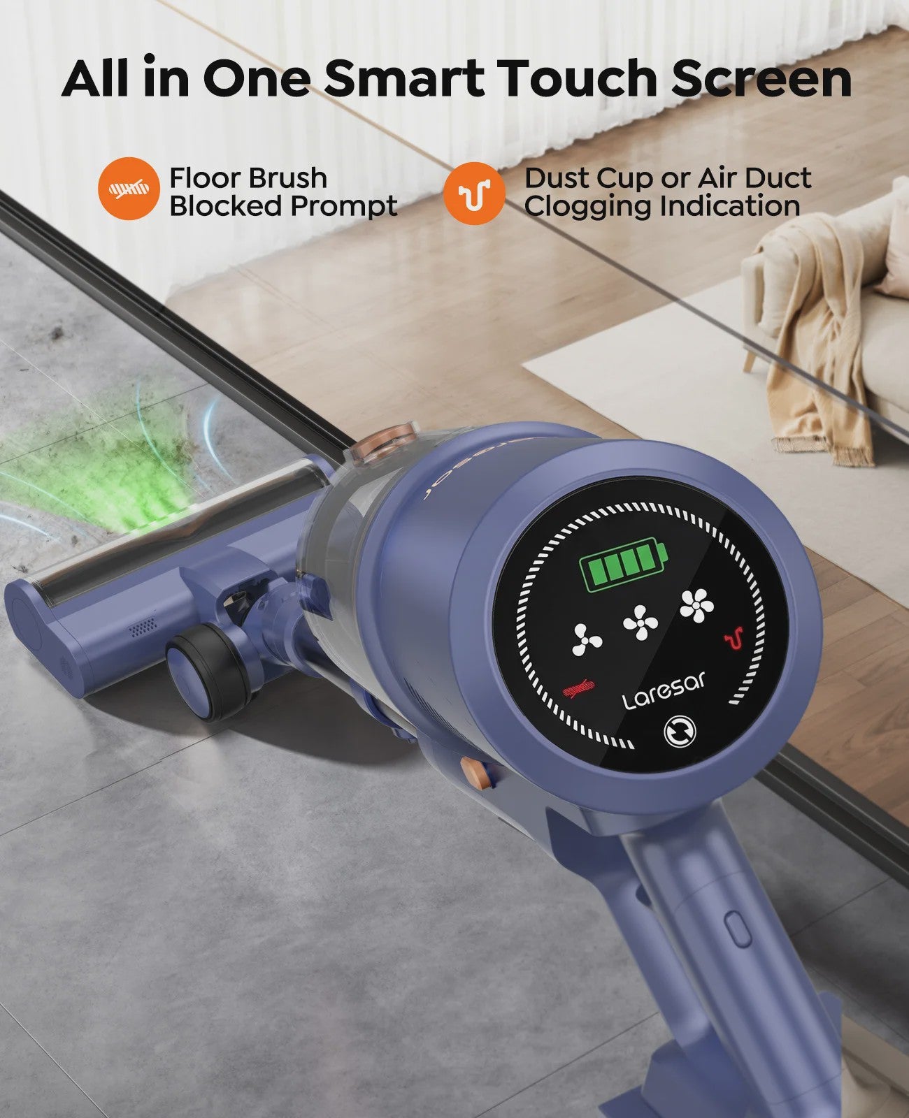 Laresar V11 Accu Stofzuiger - 650W Krachtig, 75000PA Zuigkracht, 90 Min Looptijd, Smart Display