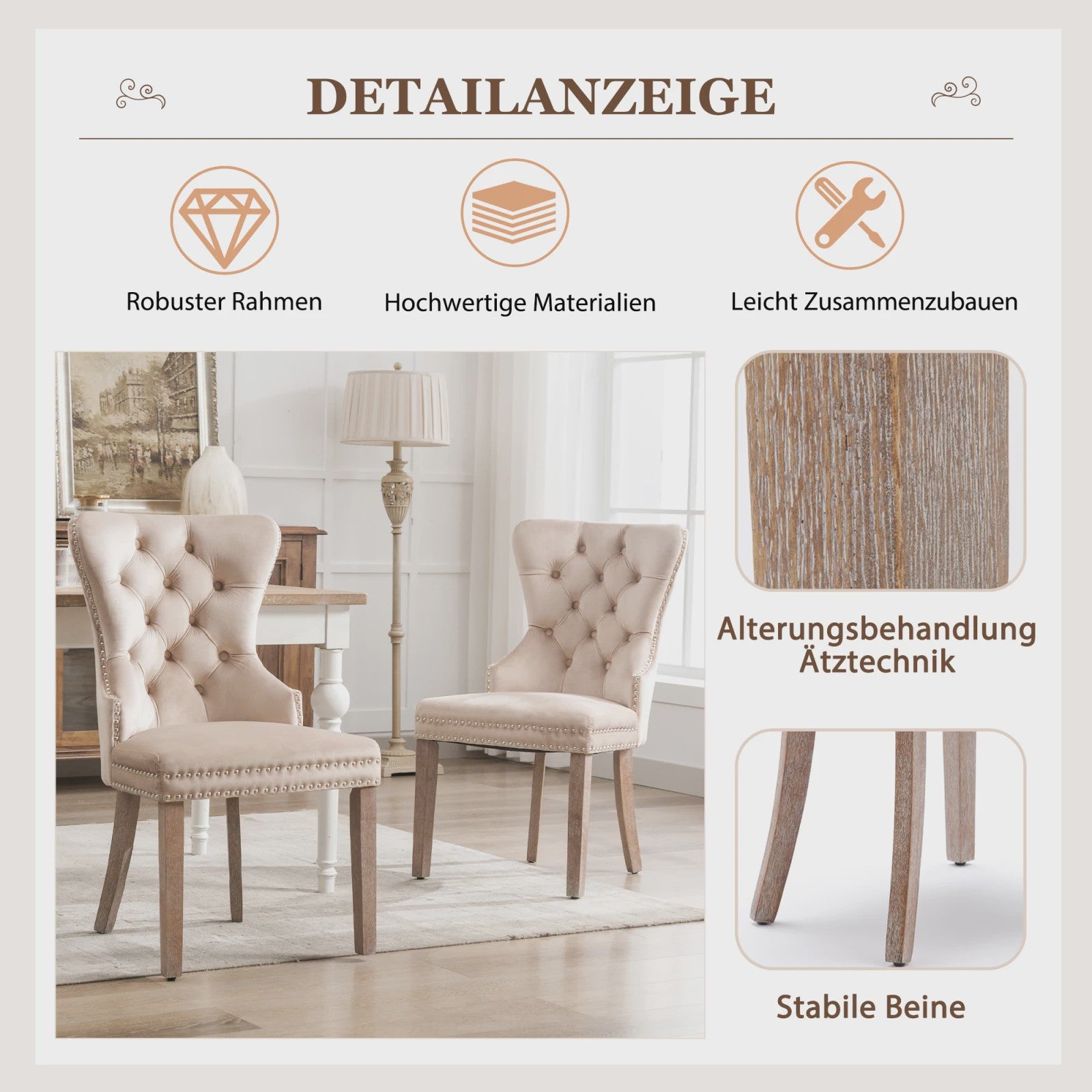 Set van 2 Luxe Fluwelen Eetkamerstoelen met Knopen en Houten Poten