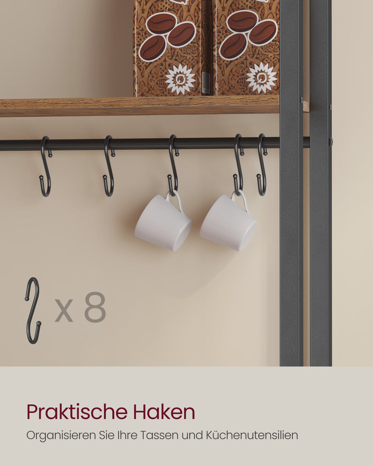 Keukenrek met Werkblad, 8 Haken en Stopcontacten - Vintage Mat Zwart