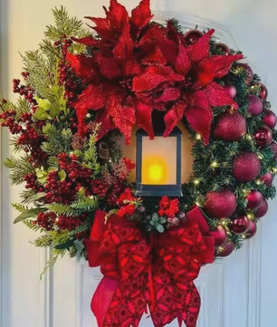 30cm Kerstkrans met Lantaarn en Grote Strik - Decoratieve Deurkrans voor de Feestdagen