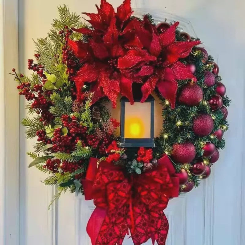 30cm Kerstkrans met Lantaarn en Grote Strik - Decoratieve Deurkrans voor de Feestdagen