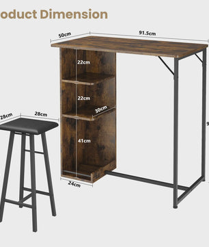 3-delige Bartafel Set met 2 Krukken en Opbergruimte - Compact Keukenmeubel