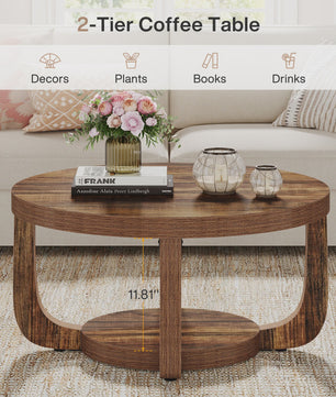 Ronde Salontafel met 2 Niveaus en Opslag - Modern Houten Accent Tafel