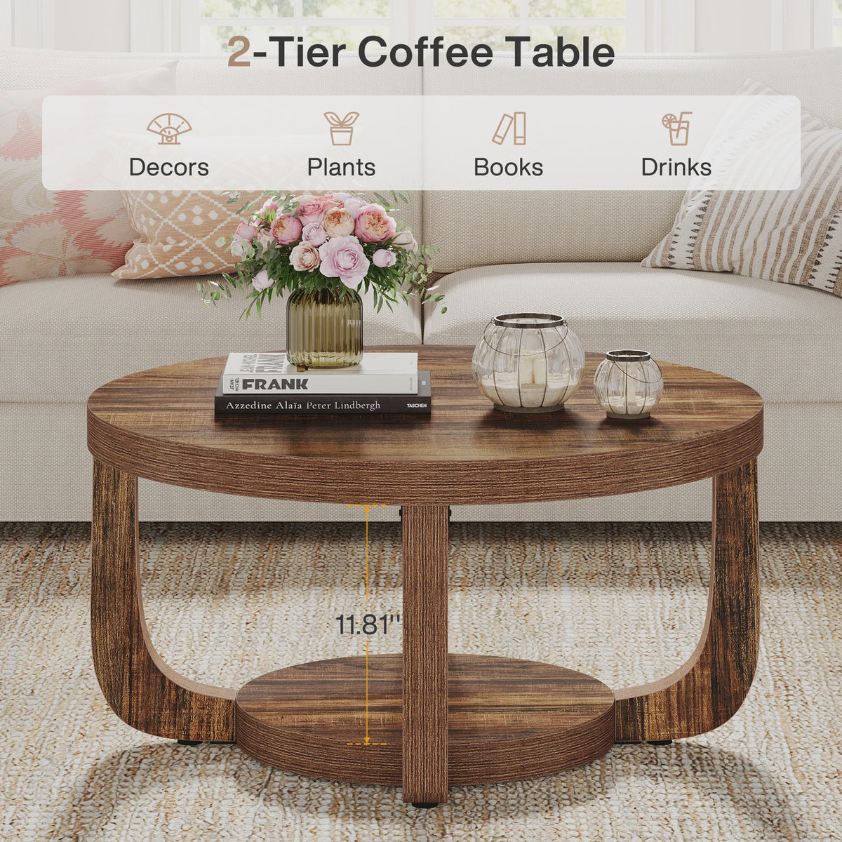 Ronde Salontafel met 2 Niveaus en Opslag - Modern Houten Accent Tafel
