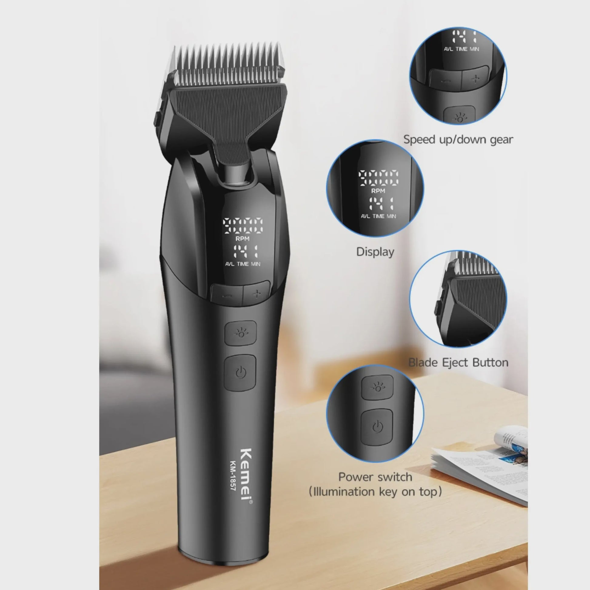 Kemei 1857 Professionele Honden Trimtrimmer - Oplaadbaar, Stille Motor & LED Verlichting
