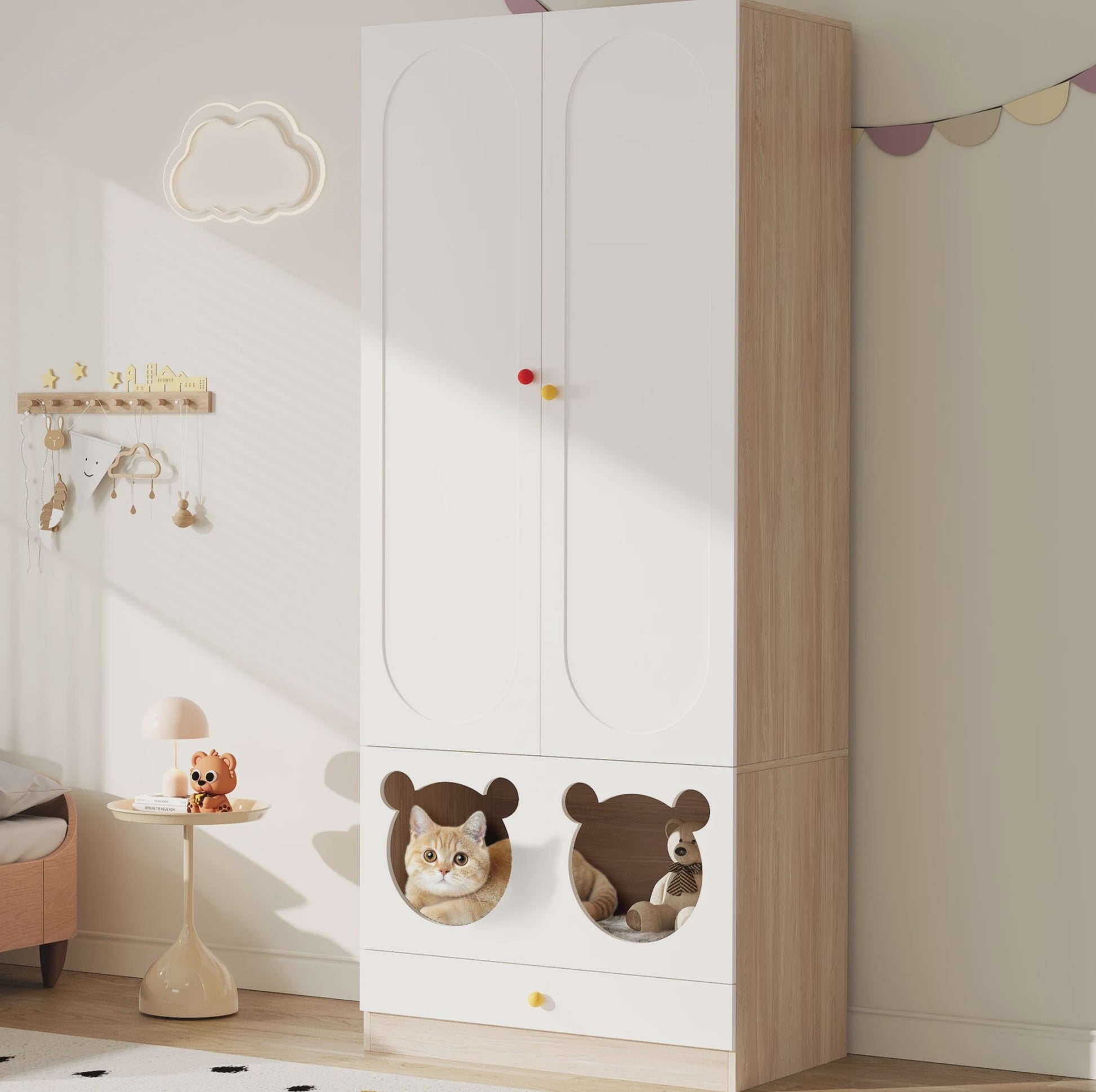 Kinder Kledingkast met Kattenmandjes - Wit & Natuurlijk Hout - 80x50x200 cm